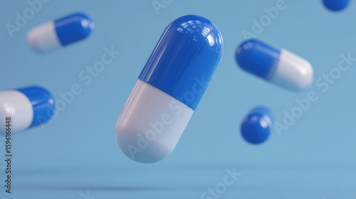 Blue and white capsules floating against a light blue background, symbolizing medicine or pharmaceuticals