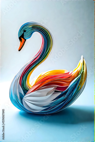 A colorful illustration of a handmade swan made of multi-colored paper.