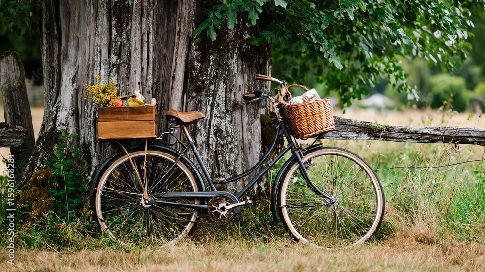 Fototapeta premium Bicycle Leaning Against a Wooden Fence