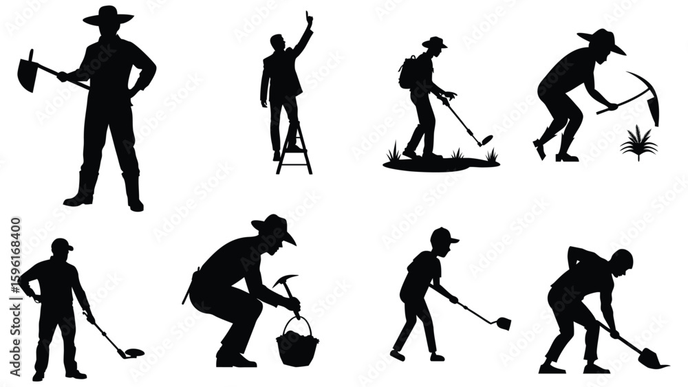 Obraz premium Minimalist Black and White Silhouette Illustrations of Agricultural and Labor Activities