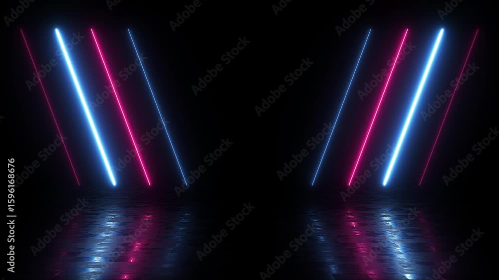 blue and pink neon tilted lines parallel froming a modern pattern with reflecting floor. Motion graphic 4k