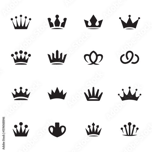A collection of sixteen different crown designs in black silhouette on a white background showing royalty