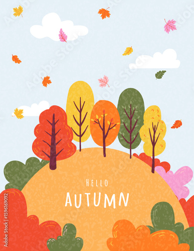 Autumn abstract greeting card, banner, poster, cover, with bright colorful autumn trees, plants, forest, leaves. Vector fall template for web, print, ads, social media, season decor, flyer design