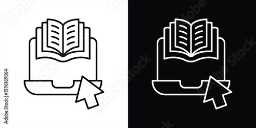 online e-learning icon. contain book, laptop, cursor representation online education, digital courses, virtual classroom thin line style icon symbol sign. vector illustration