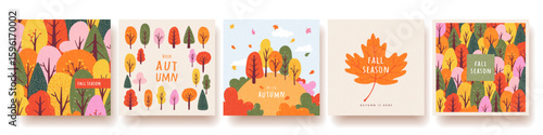 Set of abstract autumn greeting card, banner, poster, cover, with bright colorful leaves, forest, trees, plants. Vector fall template for web, print, ads, social media, season decor