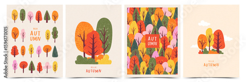 Autumn abstract greeting card, banner, poster or cover set, with bright colorful trees, forest, plants. Vector fall designe template for web, print, ads, social media, season decor