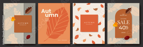 Autumn banner, poster, card or flyer set. Fall background with leaves and typography design. Template for sale, branding, advertising, web, social media