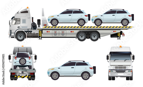 Flat bed truck trailer loaded cars carrier model realistic highly detailed flat vector set illustration