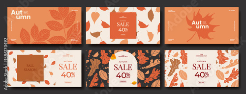 Set of Autumn horizontal background with abstract autumn leaves. Modern fall  minimalist design template for sale, poster, flyer, header, cover, social media, fashion ads