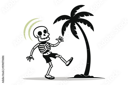 Cartoon Skeleton Dancing Beside a Silhouette Palm Tree, Featuring Olive Green Soundwaves Above