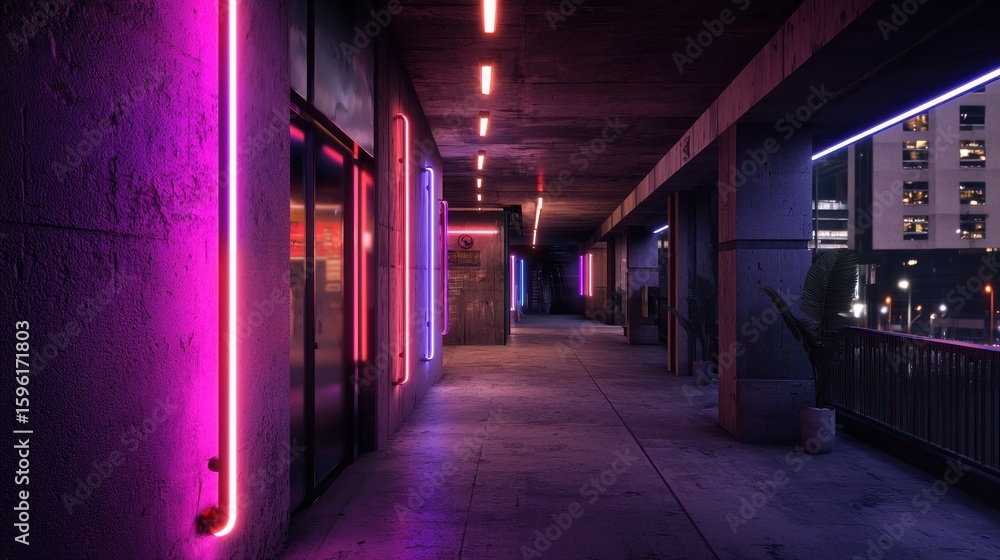 Fototapeta premium Neon lit urban walkway exudes a cyberpunk ambiance and modern architectural design