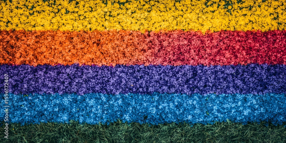Obraz premium Aerial view of colorful flower field with yellow orange red purple blue and green stripes of flowers