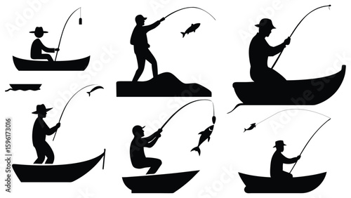 Minimalist Black and White Silhouette Illustrations of Fishing Activities