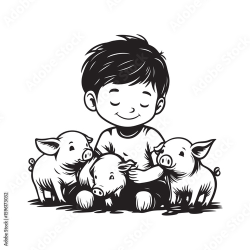 Vector illustration of a child playing with a piglet silhouette. Perfect for themes related to childhood, farm life, animals, friendship, and outdoor play