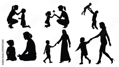 Minimalist Black and White Silhouette Illustrations of Parent-Child Interactions