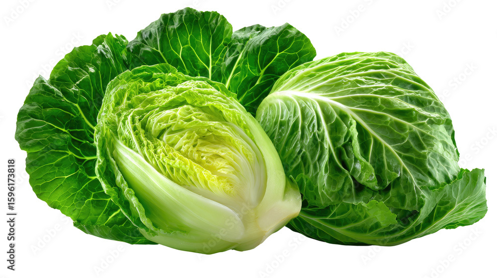 Fototapeta premium Fresh Green Cabbage: Captivating the vibrant essence of health, this photorealistic image showcases a fresh, vibrant green cabbage. The tightly packed leaves invite culinary exploration.