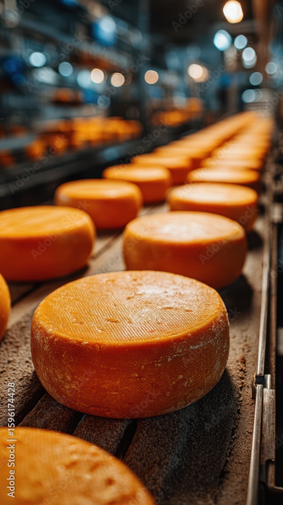 Cheese wheels aging in a dimly lit cheese factory at night with warm lights reflecting on their surfaces Cheese wheels aging in a dimly lit cheese factory at night with warm lights reflecting on their surfaces