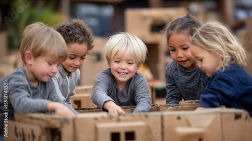 Kids Collaborating on a Cardboard Space Station in Multicultural Schoolyard
