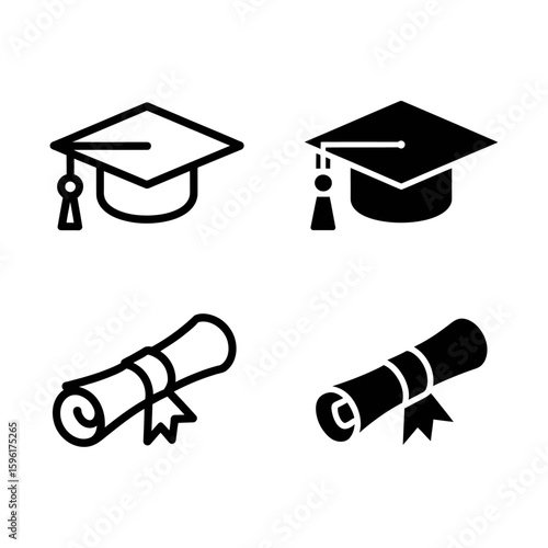 Graduation cap icon set. Diploma, bachelor or master achievement symbol. Mortarboard hat and scroll sign. Vector stock illustration 