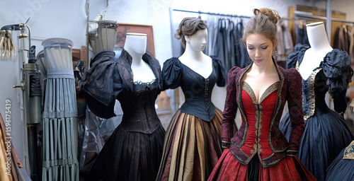 A costume designer examining detailed, embroidered dresses in a wardrobe