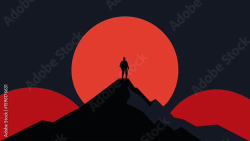 lone hiker atop dark mountain peak