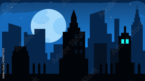 night skyline glowing moon sharp buildings