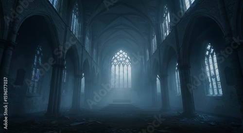Eerie interior of a derelict gothic cathedral with light streaming through a large window on a foggy night.