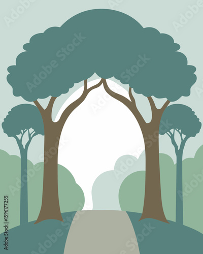 two large trees archway pathway fading