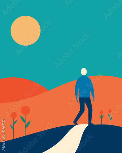 person walking flower meadow sunrise