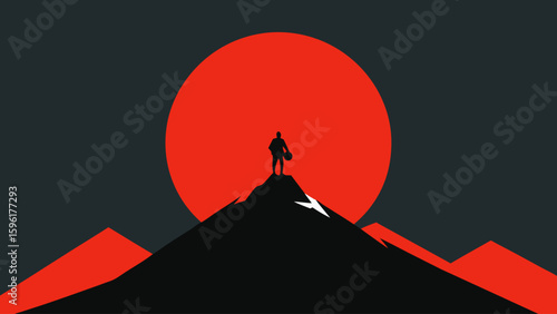 lone hiker atop dark mountain peak