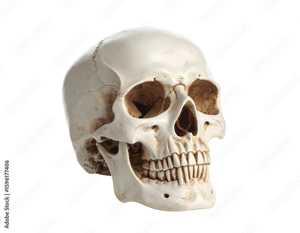 Naklejka premium Anatomically precise human skull showcasing intricate bone details and natural textures.