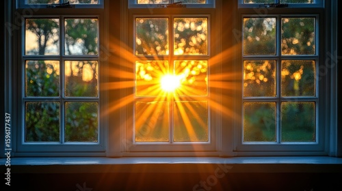 Radiant Sunlight Streaming Through a Classic Window Frame at Sunset