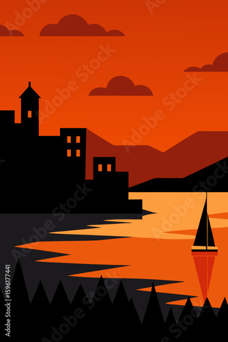 distant harbor city dusk orange sky