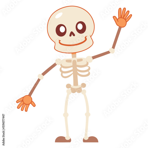 Cartoon Skeleton Standing and Waving with a Smile for Halloween Holiday Fun