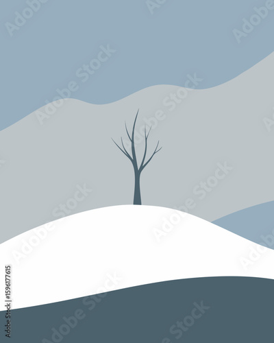 minimalist snowy hillside bare tree