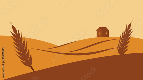 stylized wheat field swaying wind single farmhouse