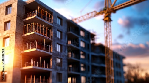 The early stages of constructing a new high-rise apartment building with a crane