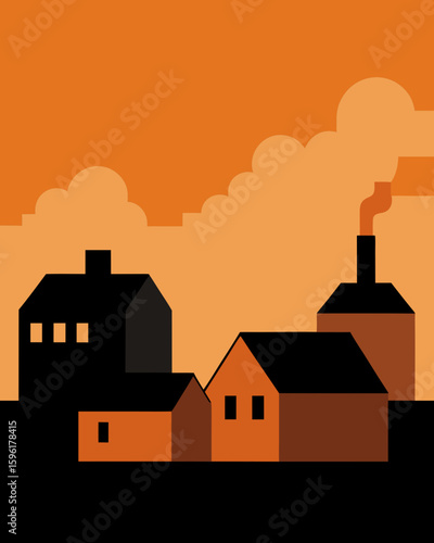 minimalist village scene with black rooftops smoke