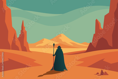 lone desert traveler with cloak and staff towering