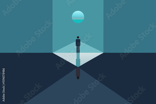 person standing at edge of mirrored void sky reflection