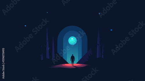 person walking into glowing portal in dark woods