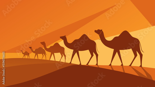 stylized caravan of camels with geometric shadows