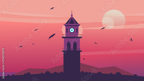 surreal floating clock tower in pink twilight sky