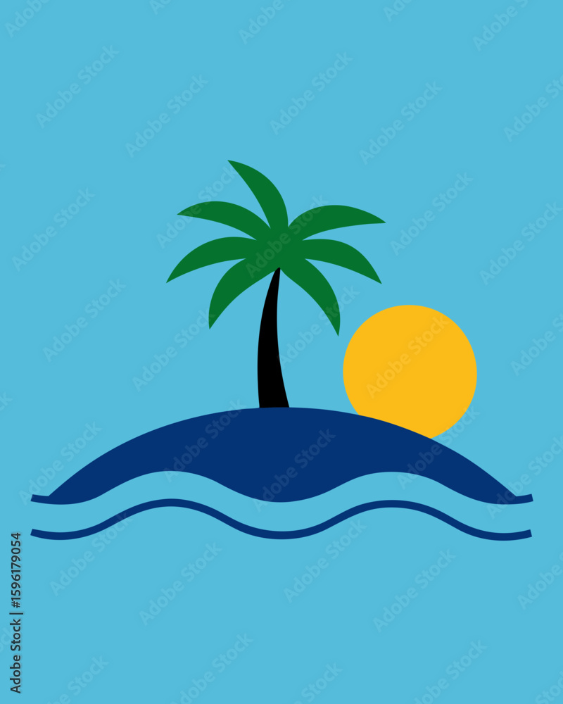 Fototapeta premium island with single palm tree in center sun behind