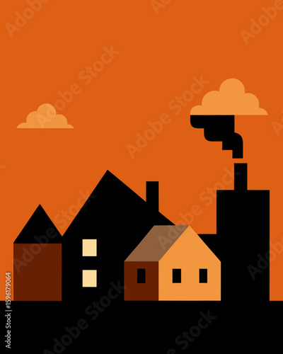 minimalist village scene with black rooftops smoke