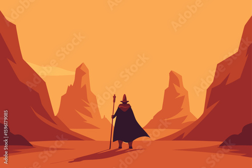lone desert traveler with cloak and staff towering