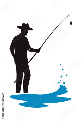 silhouette of fisherman in hat casting line on flat