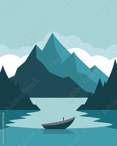 small boat gliding through mountain lake distant