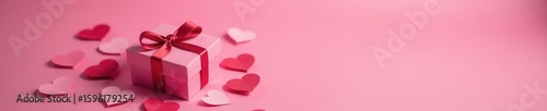 Elegant gift box nestled amongst paper hearts, pink backdrop , vibrant, gift