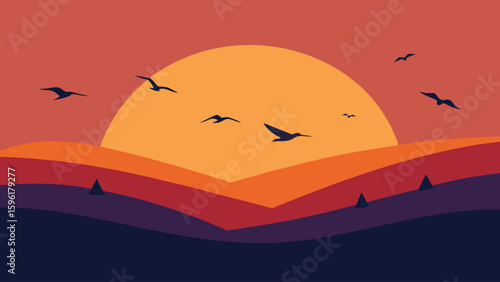 stylized flock of geese flying over hills low horizon
